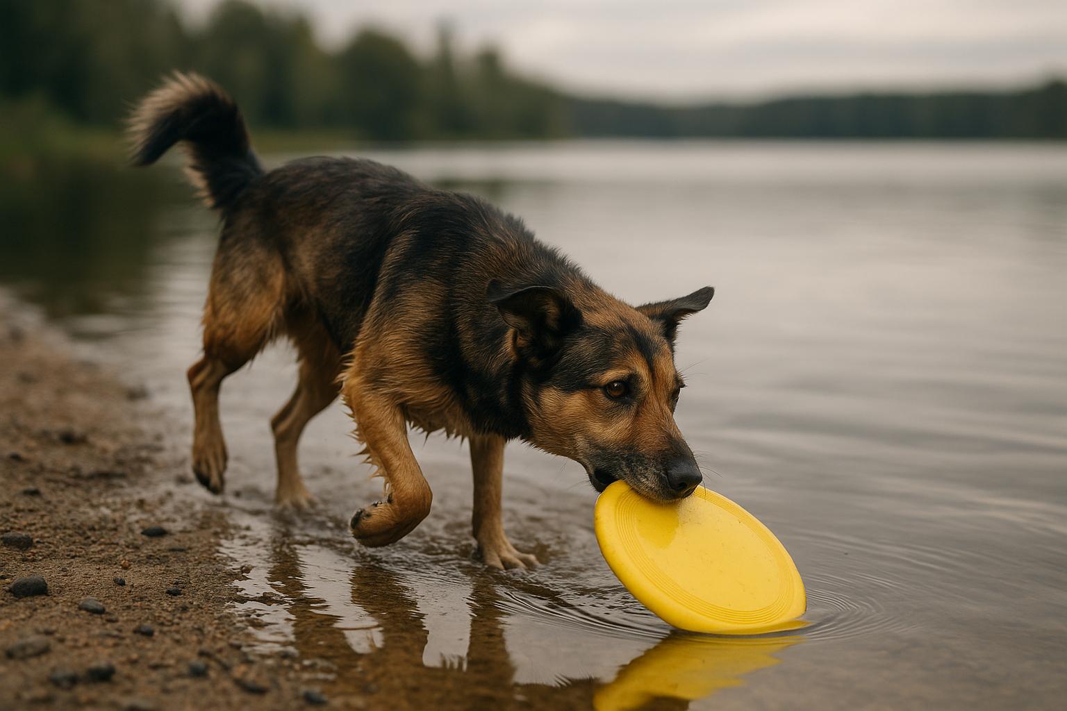A mixed-breed dog fetching a bright yellow flying disc that is floating on a calm lake