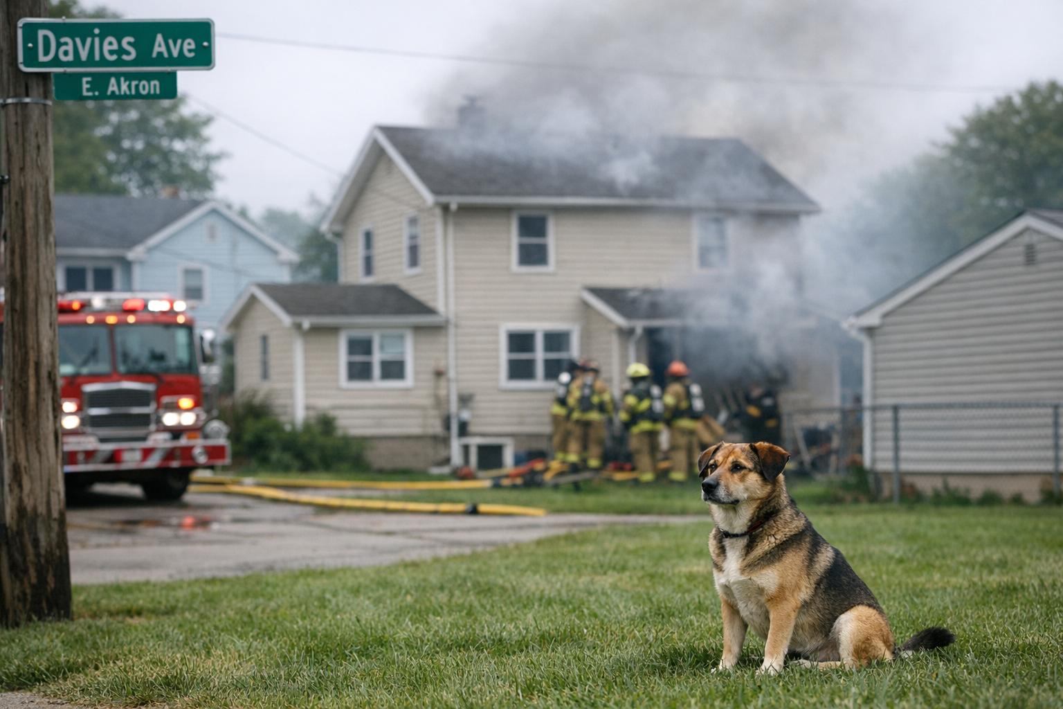Firefighters outside a two-story house in East Akron with light smoke in the air and a medium-sized mixed-breed dog on the front lawn