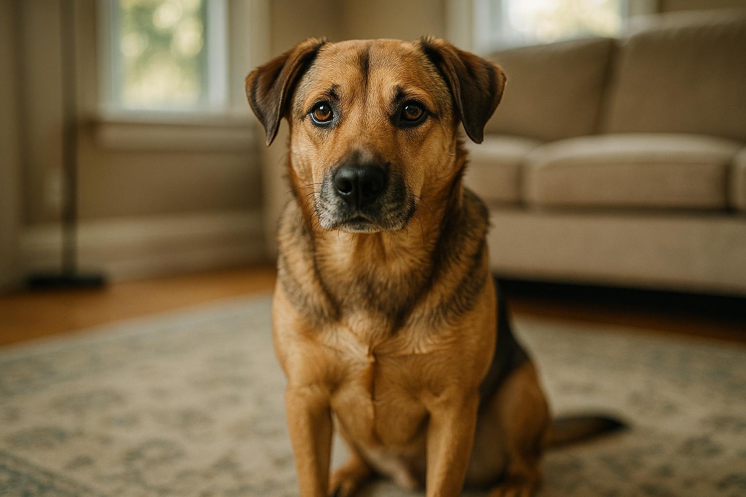 Mixed‑breed dog sitting calmly on a living room rug in soft morning light, portrait style