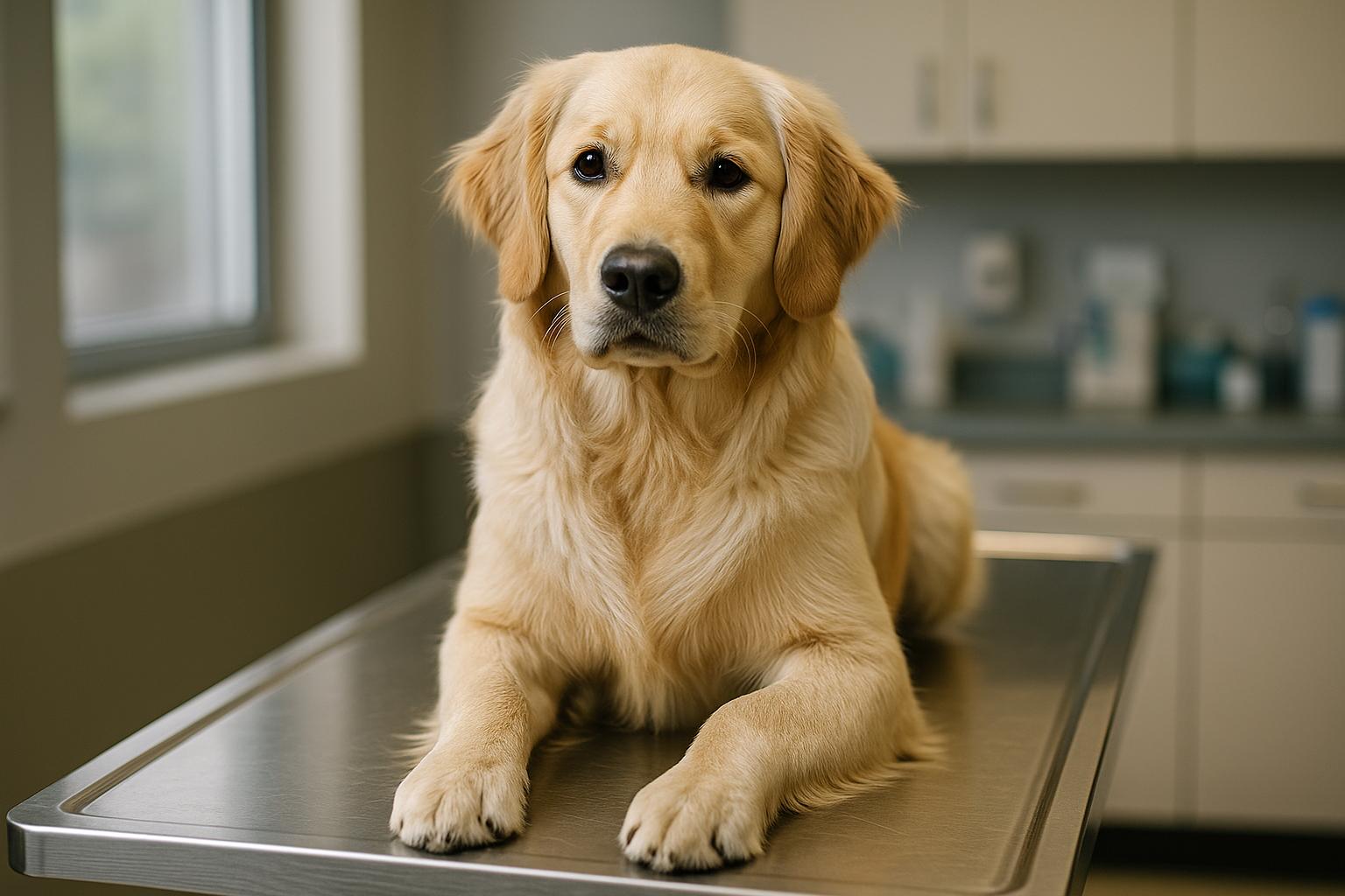One-year-old golden retriever sitting calmly on a veterinary exam table under soft natural light