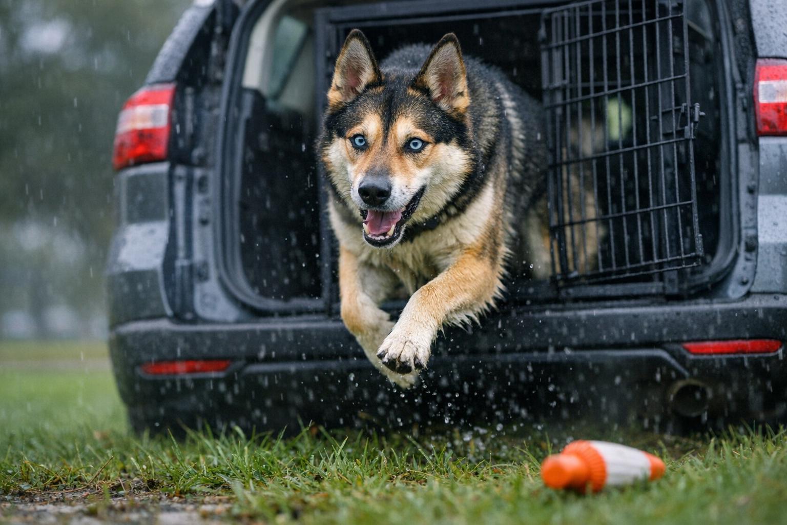 Echo, a 3-year-old husky-shepherd mix, dashing from a crate in the back of an SUV at a rainy Fort Pierce park, with a small training shell visible on the grass