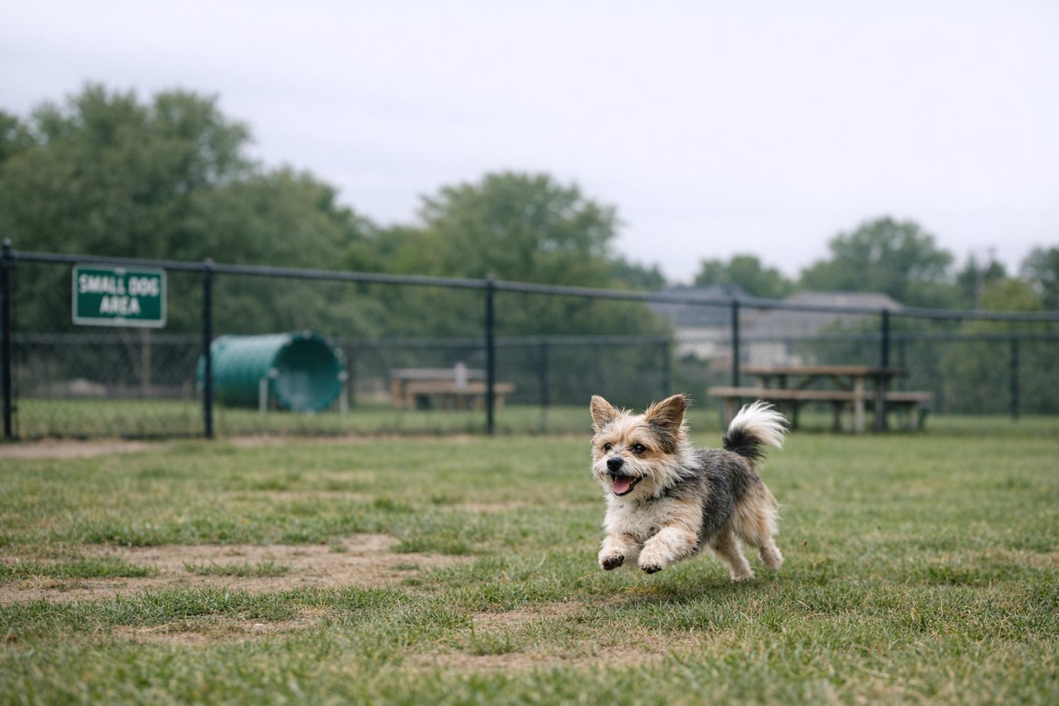 Small terrier-mix running in a fenced dog park during dedicated small-dog play hours