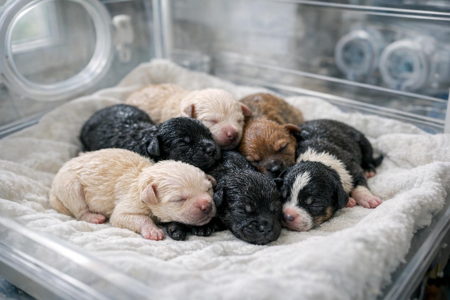 Newborn puppies in an incubator at a rescue clinic, being cared for under soft window light