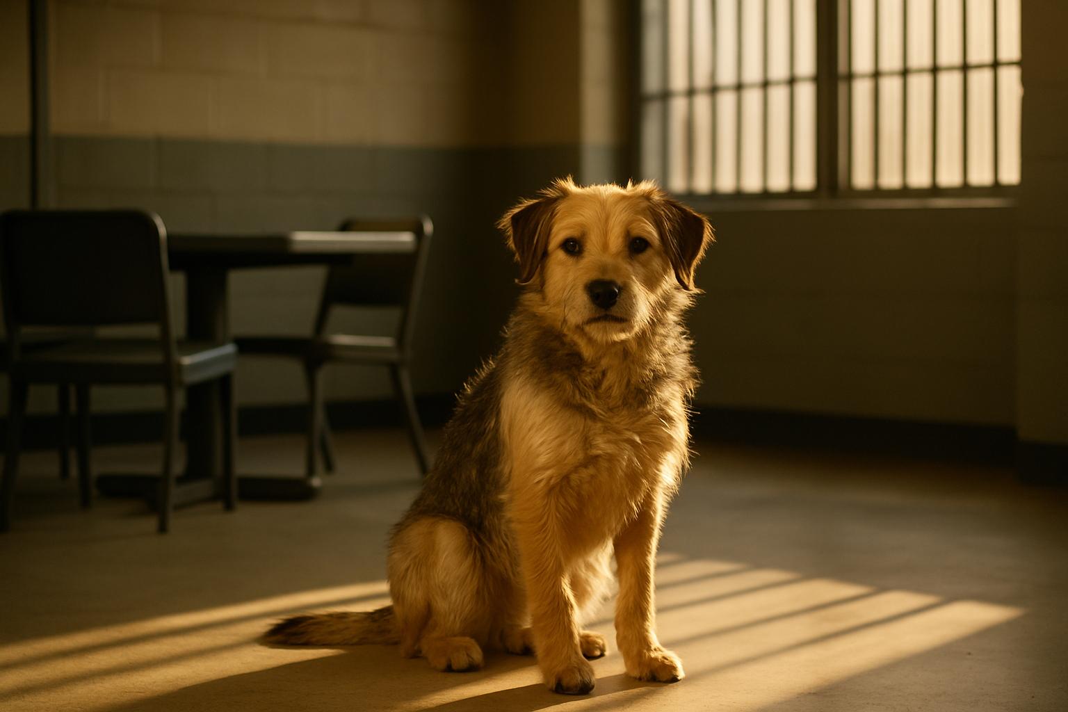 A mixed-breed shelter dog with slightly scruffy fur sitting calmly in a room at the Louisiana Correctional Institute for Women