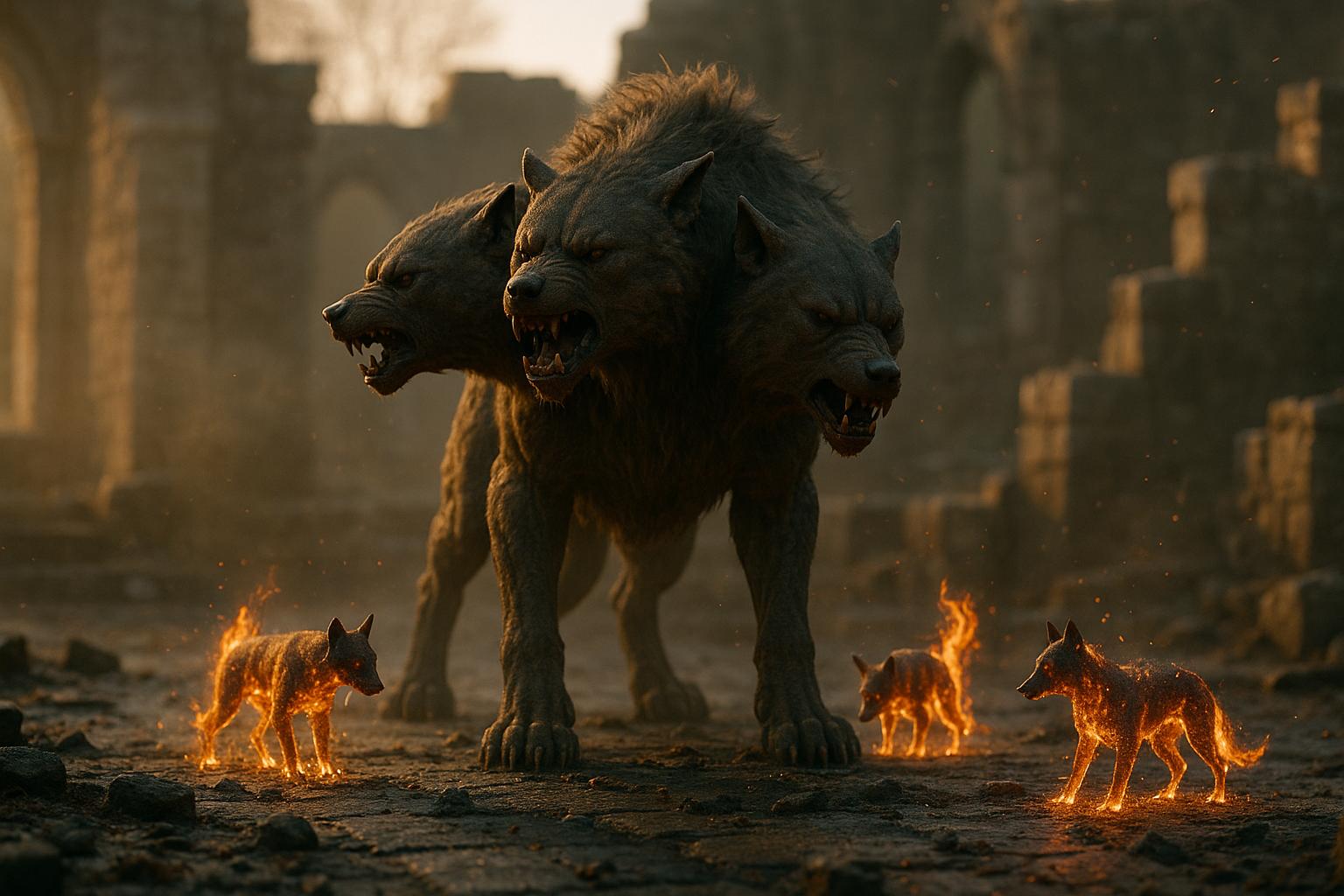 Concept scene of the Sundered Tricephalos with three smaller fire dogs circling in a ruined courtyard at golden hour
