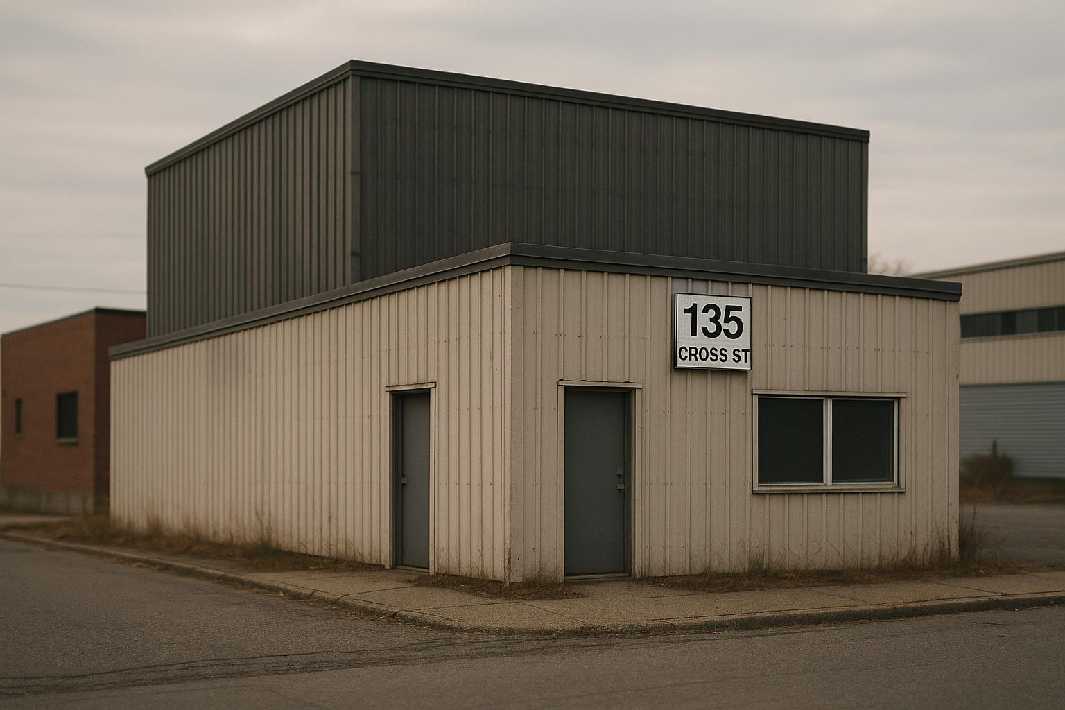 Exterior of a vacant industrial building at 135 Cross St., Bristol, with a larger rear section and commercial surroundings