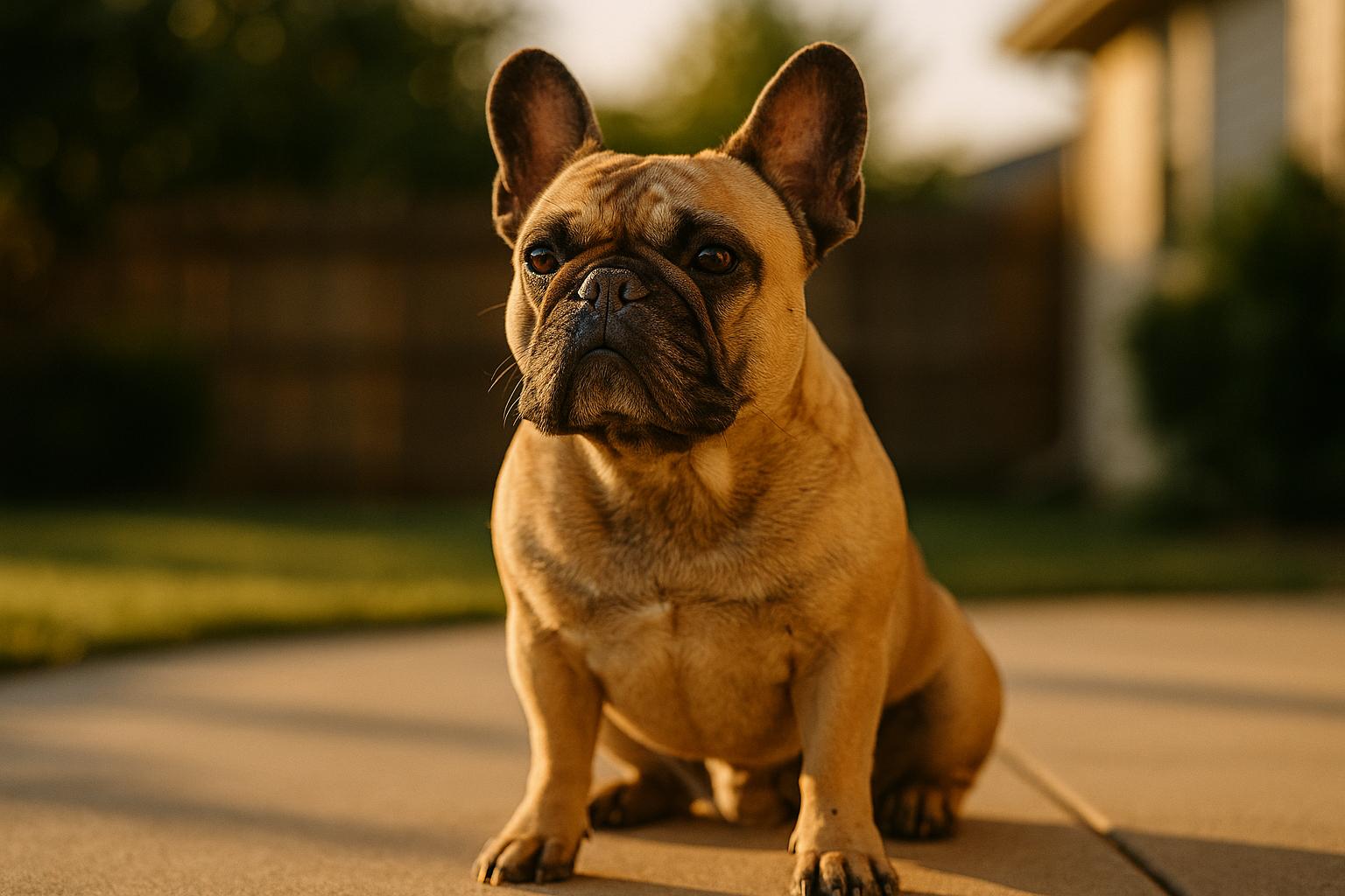 A French Bulldog sitting on a backyard patio at golden hour, close-up portrait showing facial features and fur texture