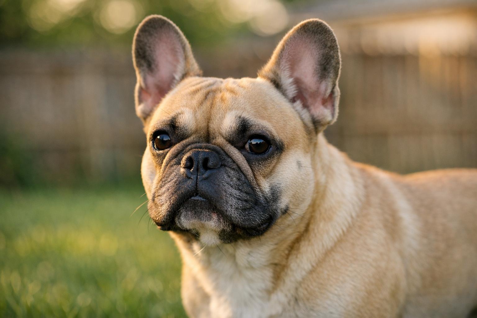 Close-up portrait of a healthy French Bulldog in a backyard during golden hour