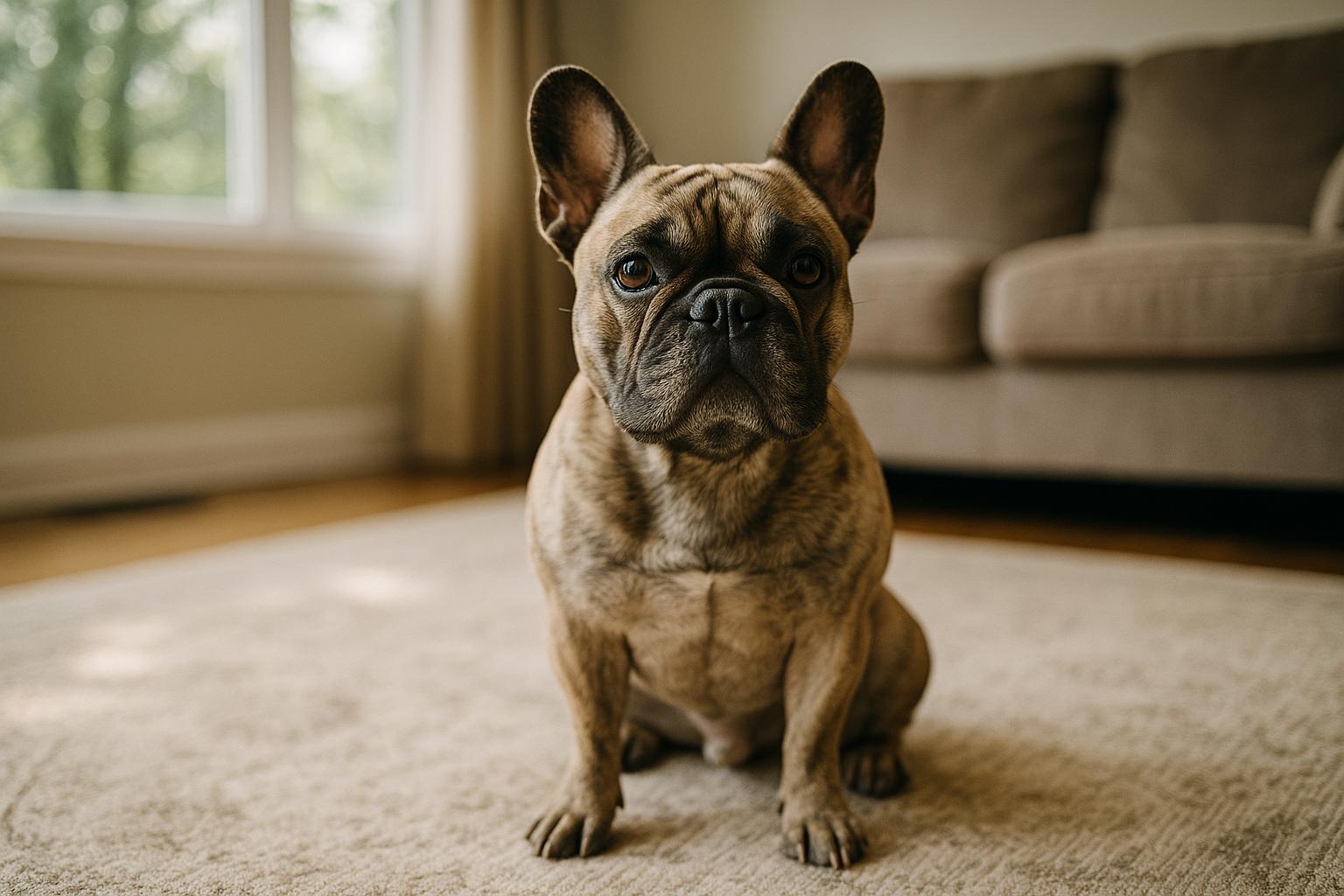French Bulldog sitting on a living room rug, photographed in natural window light