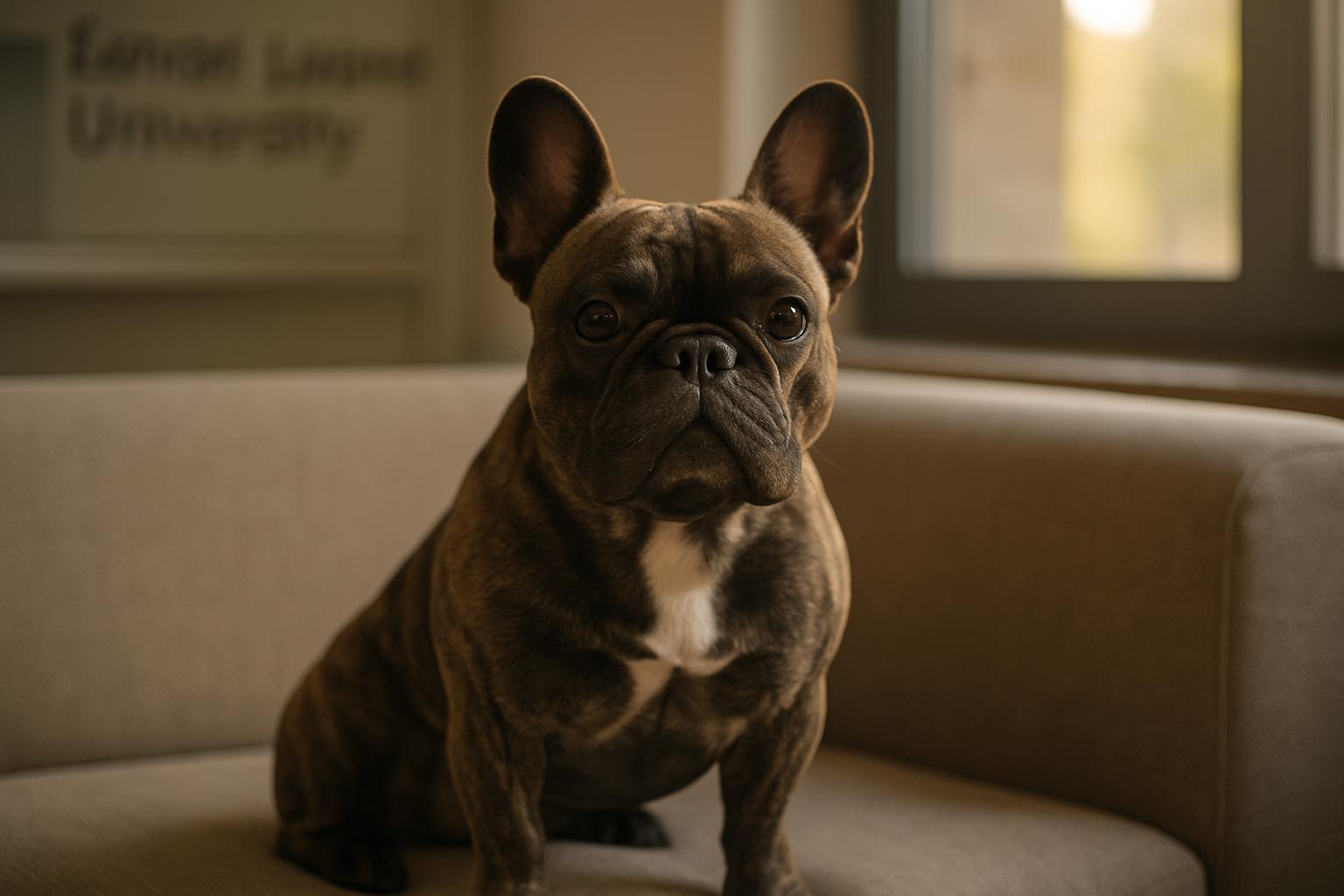 French Bulldog with big head, round eyes and short snout sitting calmly on a sofa in a research clinic setting