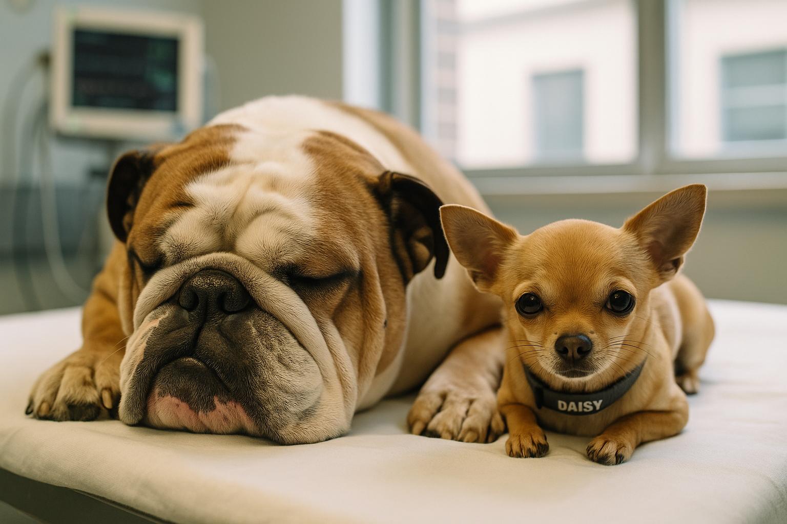 A Bulldog and a small Chihuahua resting on a veterinary clinic recovery table after surgery, calm and alert, with soft window light illuminating their faces.
