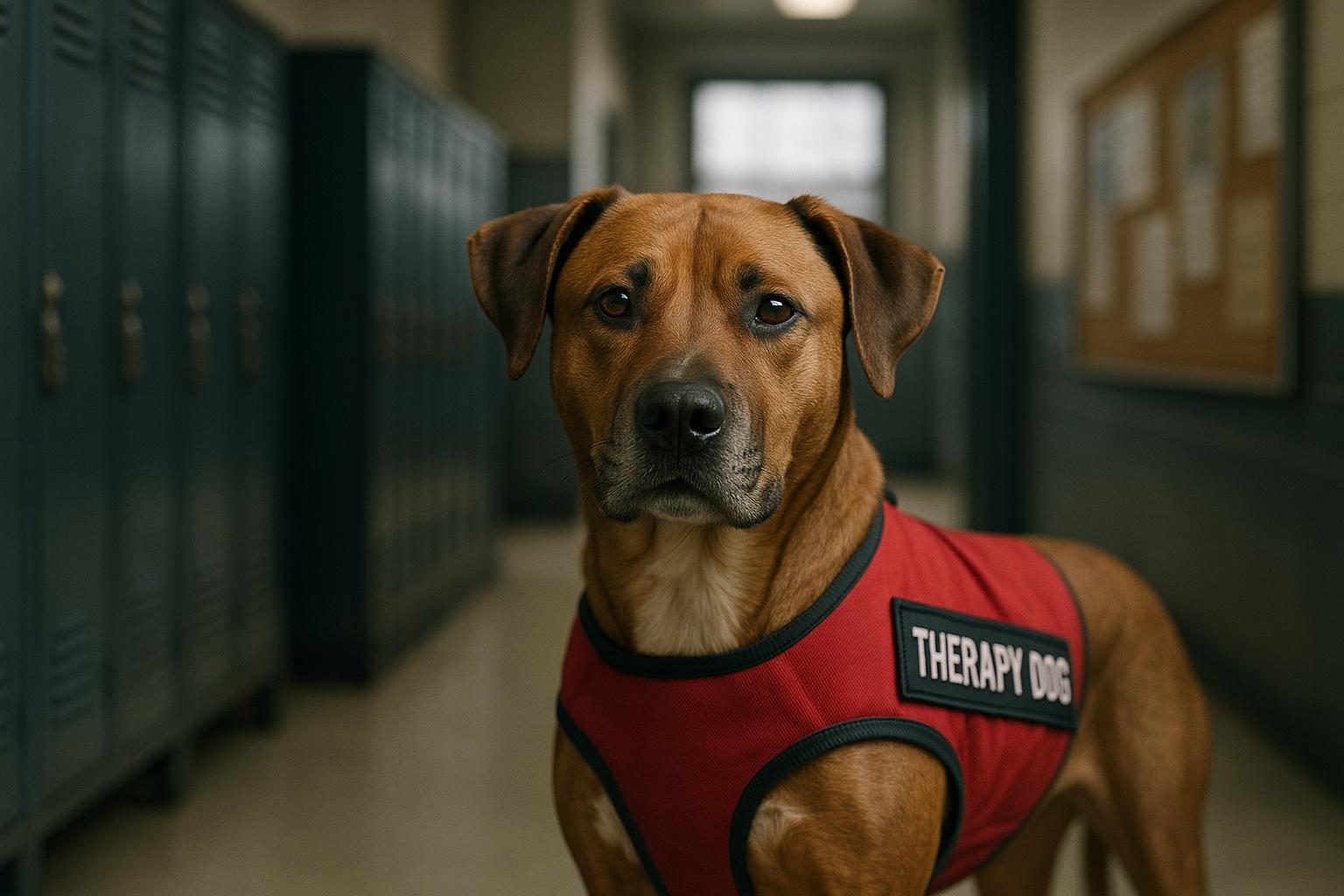 A therapy dog in a red vest standing in a police precinct hallway