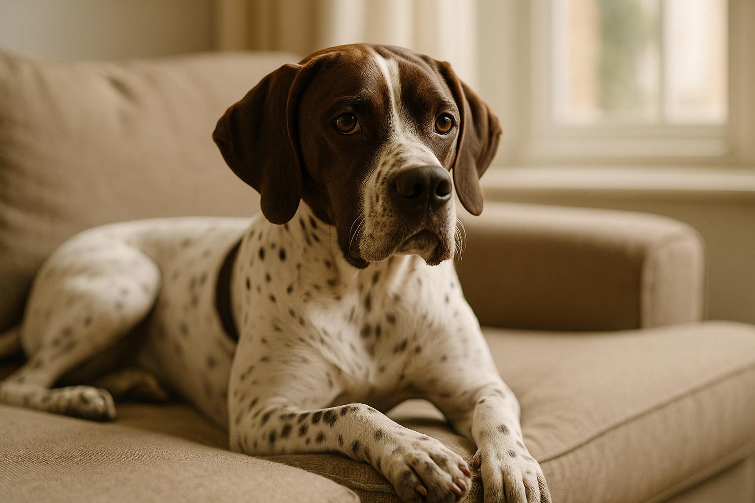 Two-year-old English Pointer resting calmly on a couch, close-up portrait in natural window light