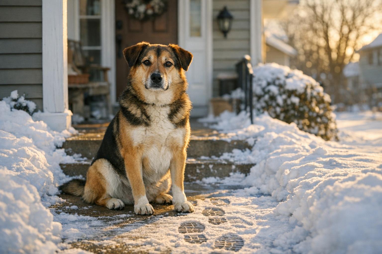 A mixed-breed dog sitting on a snowy suburban porch, alert and calm, with a shoveled walkway in the background.
