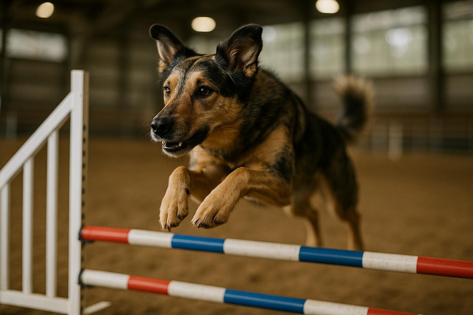 Medium-sized mixed-breed agility dog mid-jump over a hurdle in an indoor competition arena