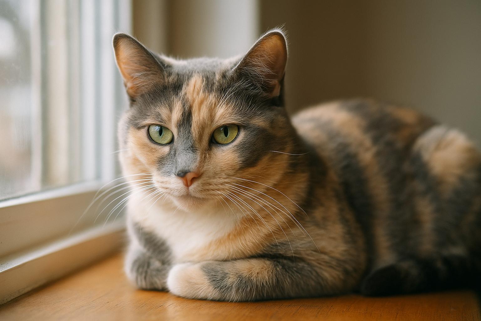 Evanescence, a five-year-old dilute calico cat, resting on a sunlit windowsill
