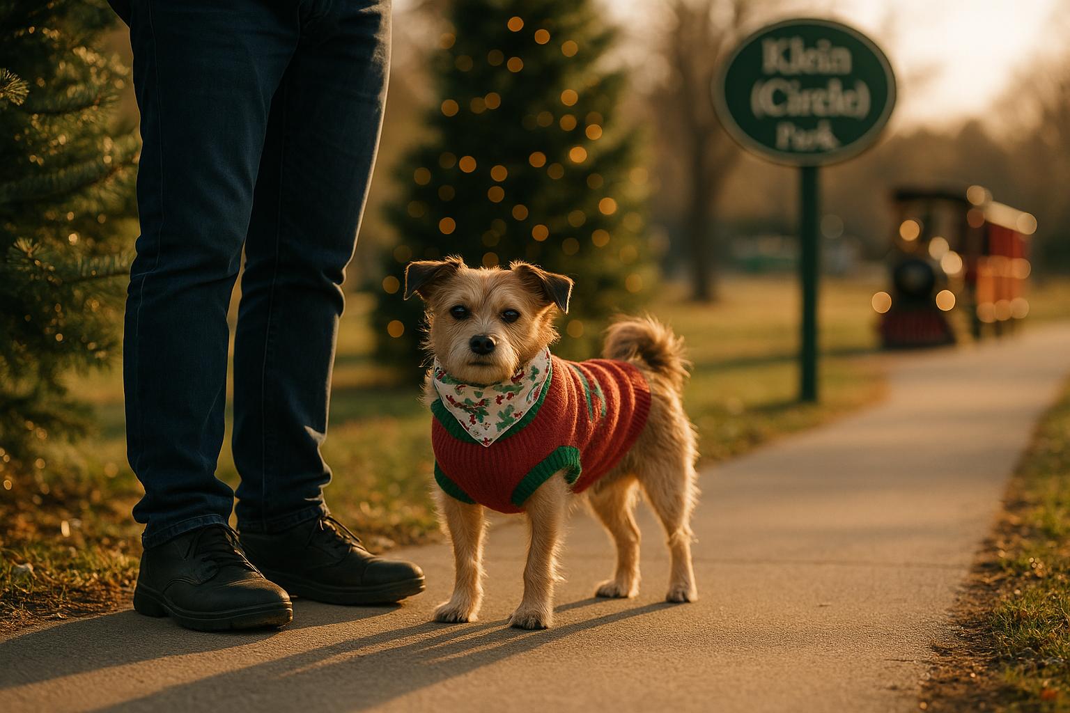 Small mixed-breed dog in a red-and-green holiday sweater standing with its owner in a park at golden hour, with holiday lights and event rides in the background.