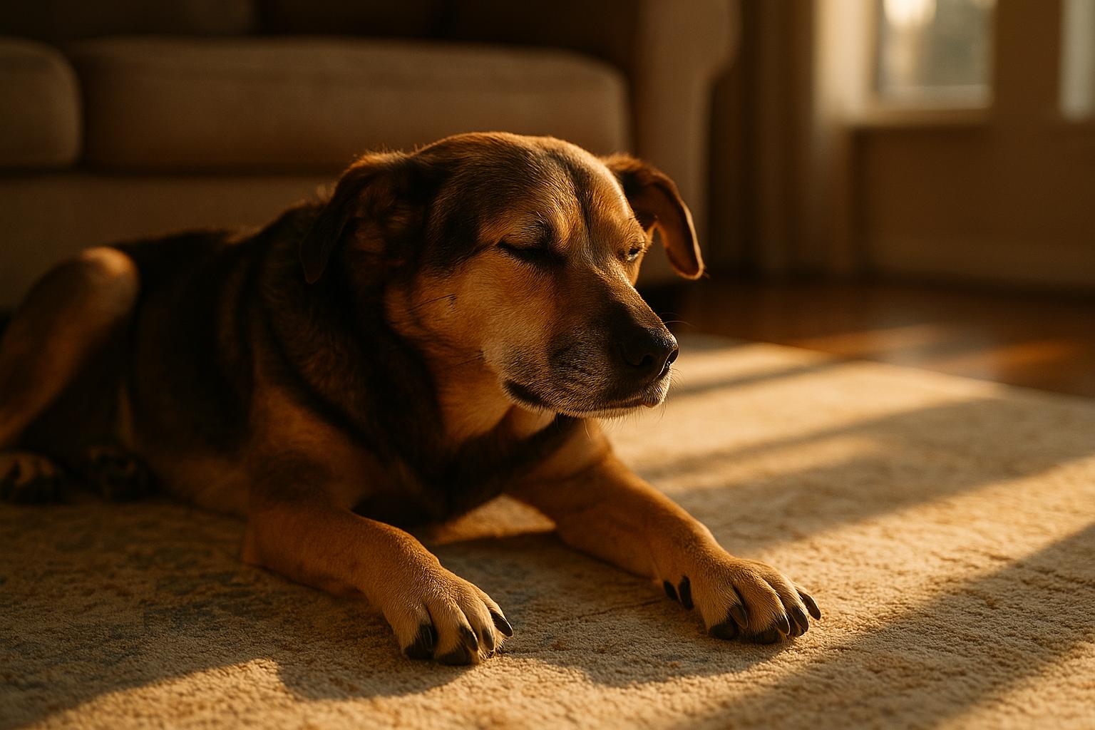 A calm mixed-breed dog twitching slightly in sleep on a living room rug, bathed in warm window light.