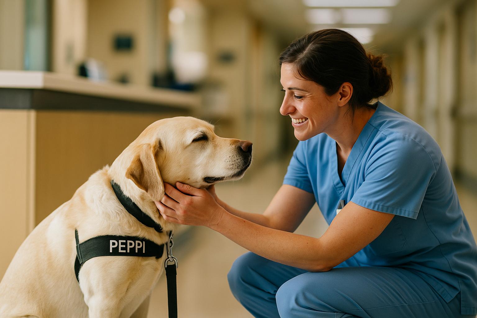 Peppi, a yellow Labrador facility dog, being petted by a nurse in blue scrubs at a hospital nursing station.