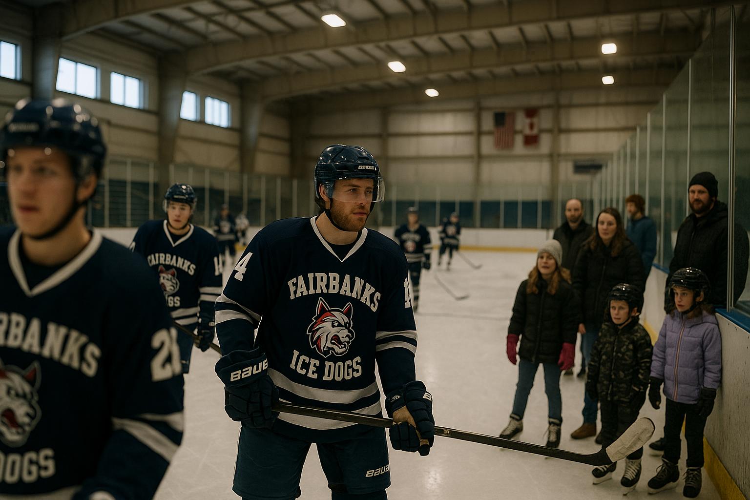 Fairbanks Ice Dogs players on the ice at Red Baron Arena with families and young skaters at the boards, fans filling bleachers and upper-level viewing areas