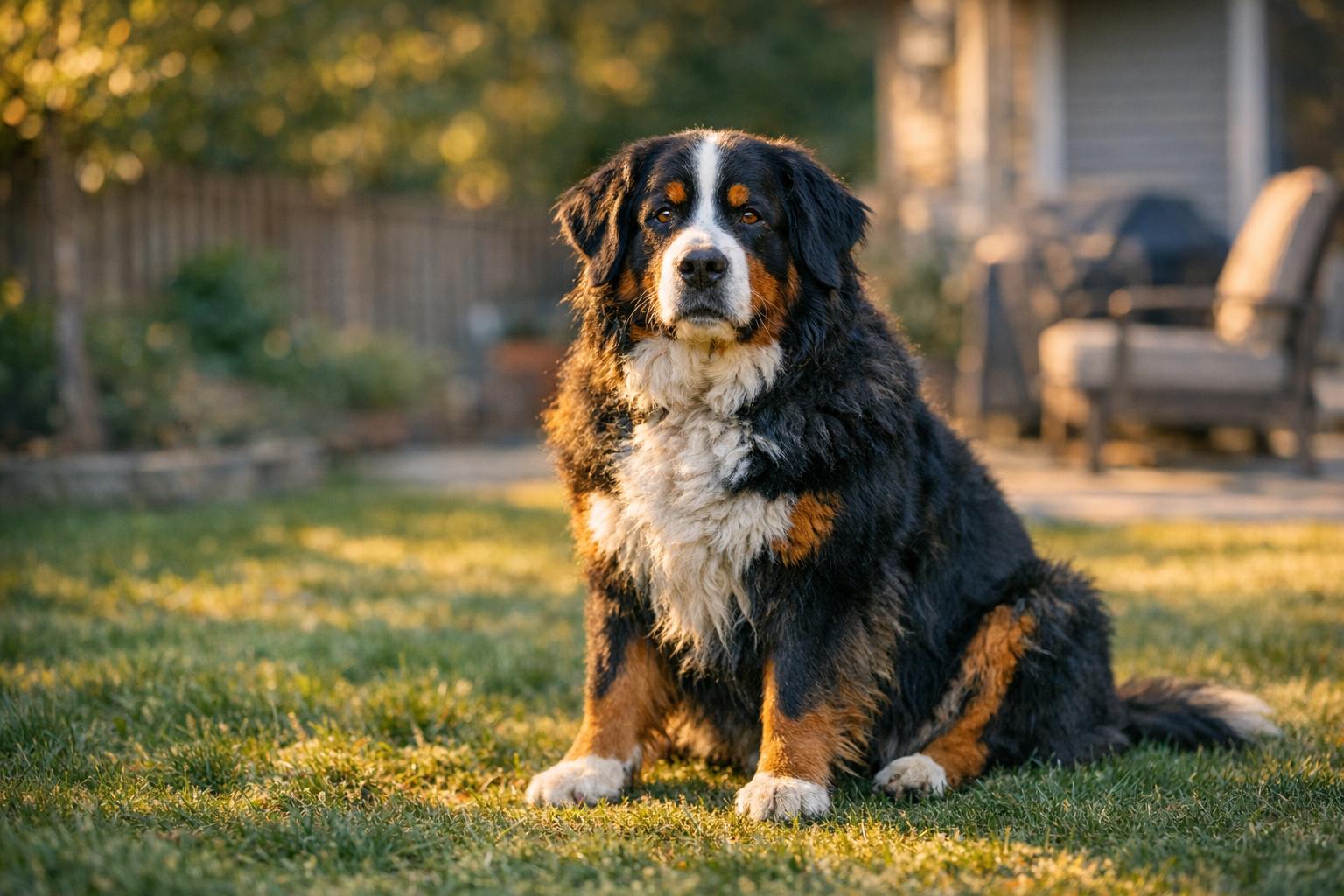 Ruby, a 5-year-old Bernese Mountain dog, sitting on a suburban lawn in late afternoon light