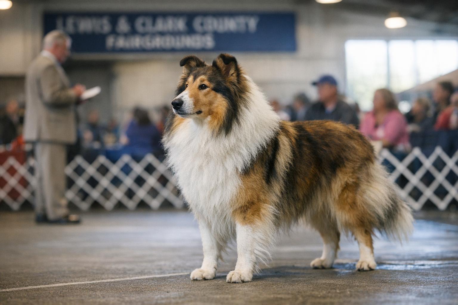 A show dog standing in a ring at the Lewis and Clark County Fairgrounds with blurred judge and spectators in the background