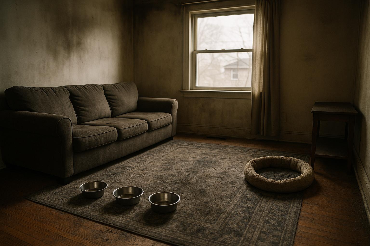 First-floor apartment living room with three empty dog bowls and a cat bed, smoke-stained walls and soft daylight through a window.