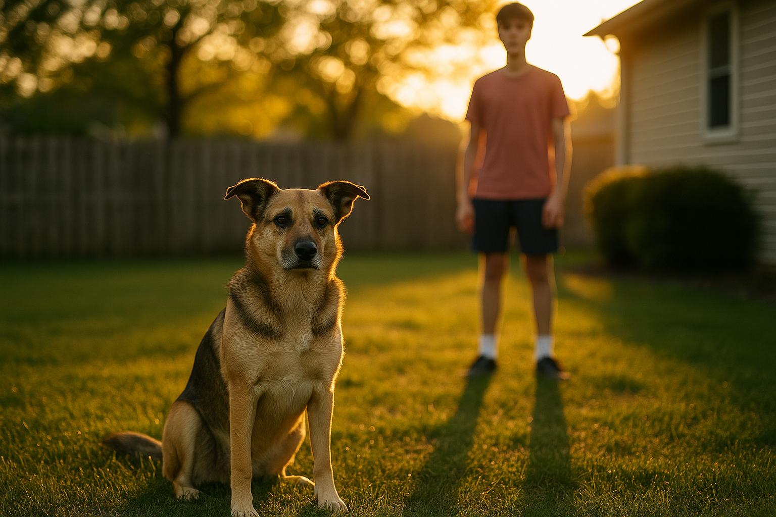 Medium-sized family dog in a suburban backyard with a teenager at golden hour
