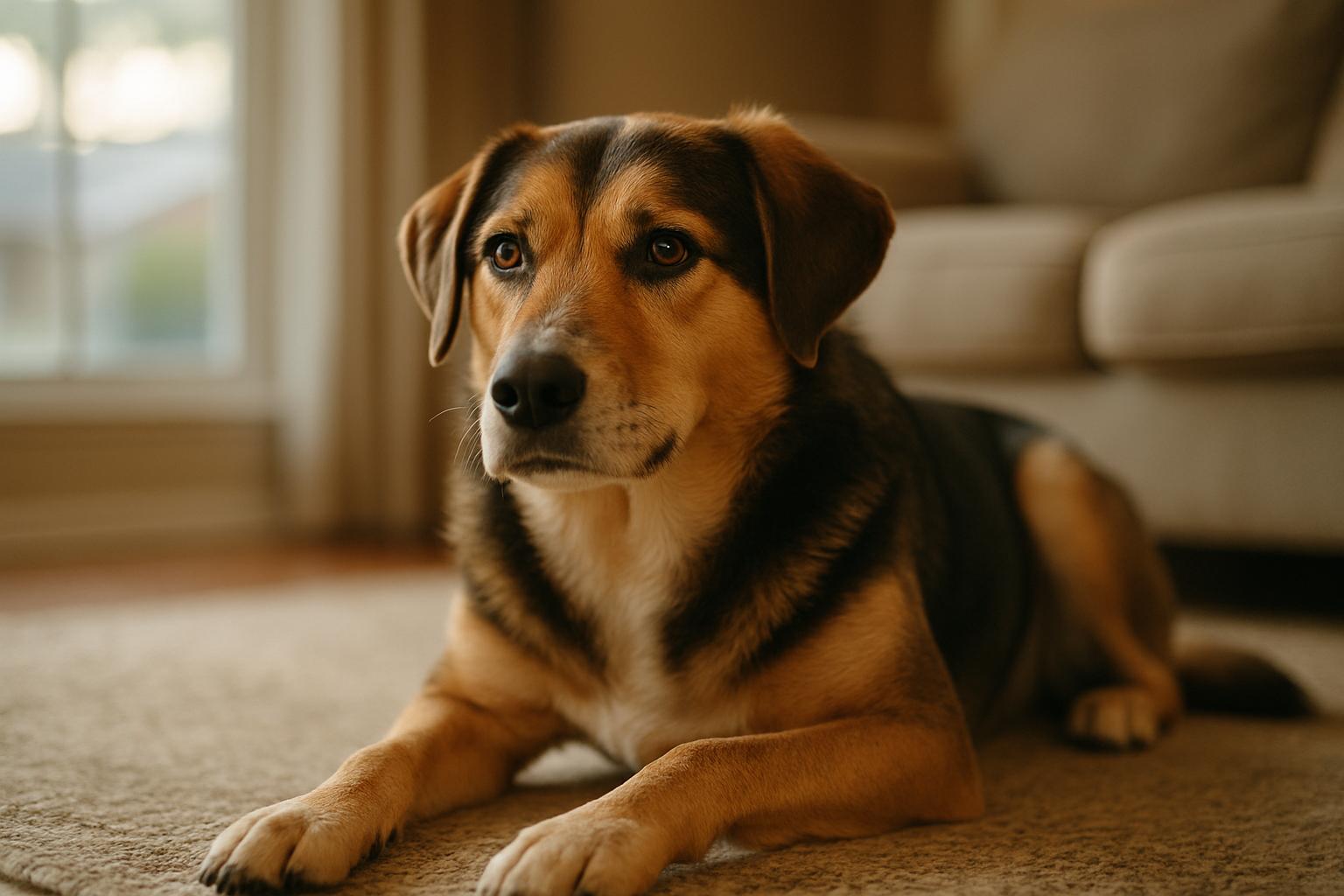 A family dog resting on a living room rug in soft afternoon light