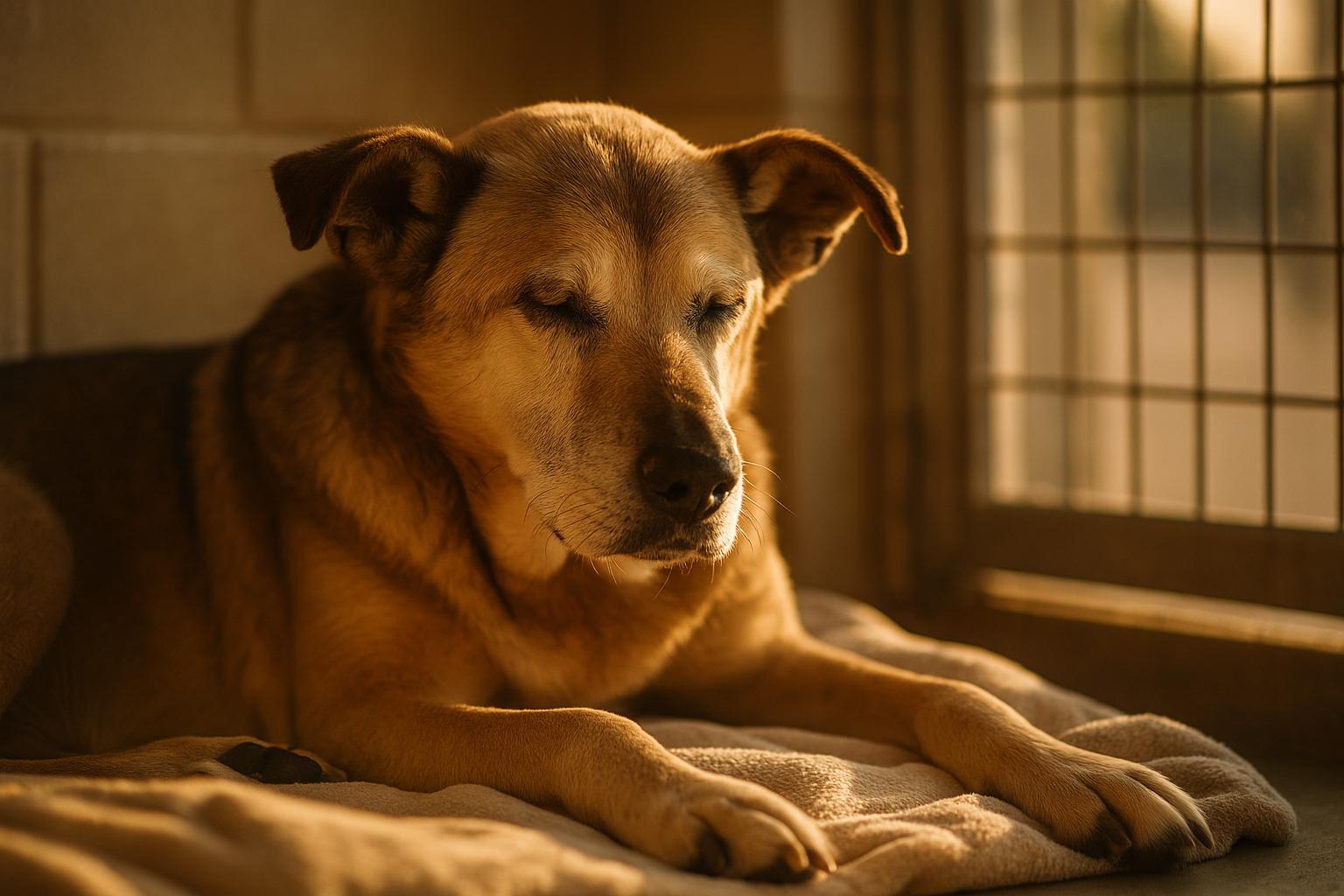 A blind senior mixed-breed dog resting on a blanket in a shelter kennel, calm and peaceful.