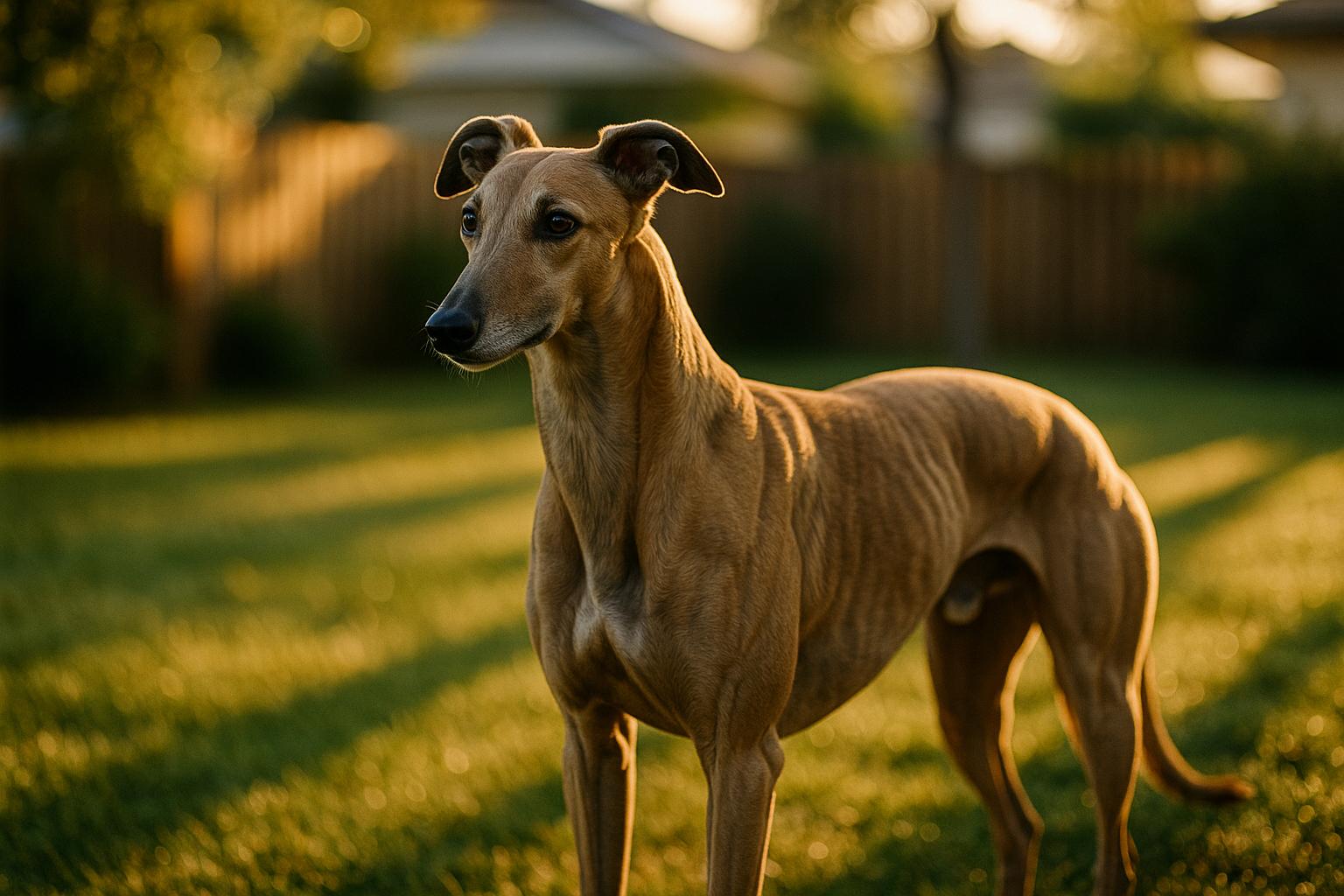 A Greyhound in a sunlit backyard showing its lean, muscular build and deep chest