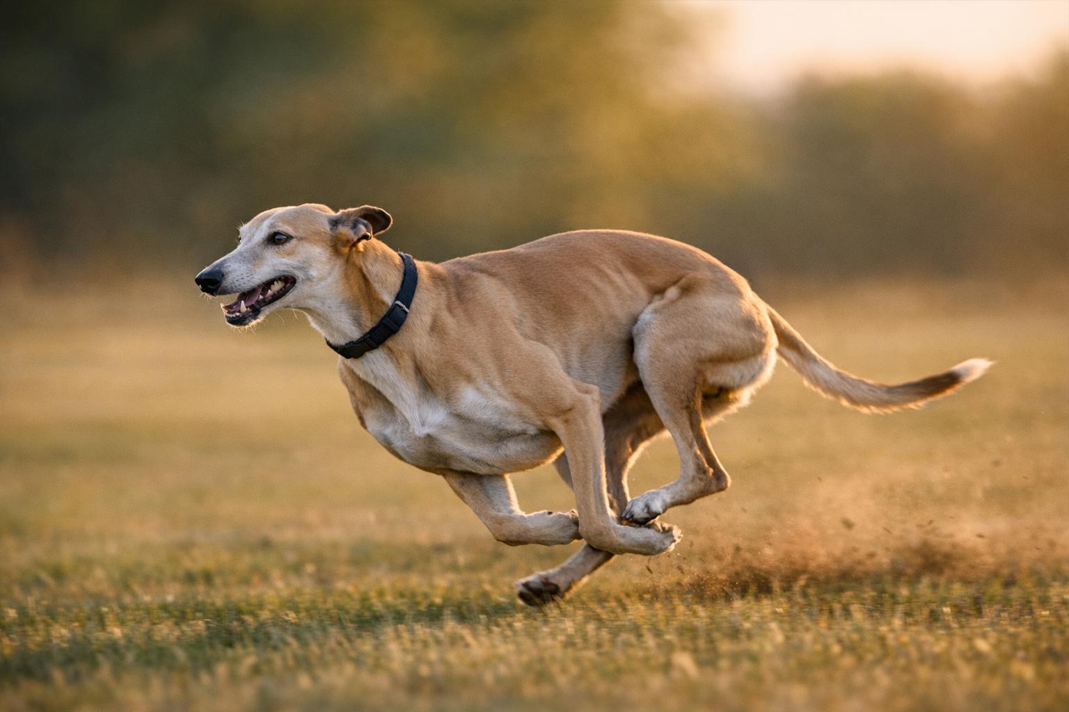 Greyhound sprinting across an open field at golden hour, showing sleek body and long legs