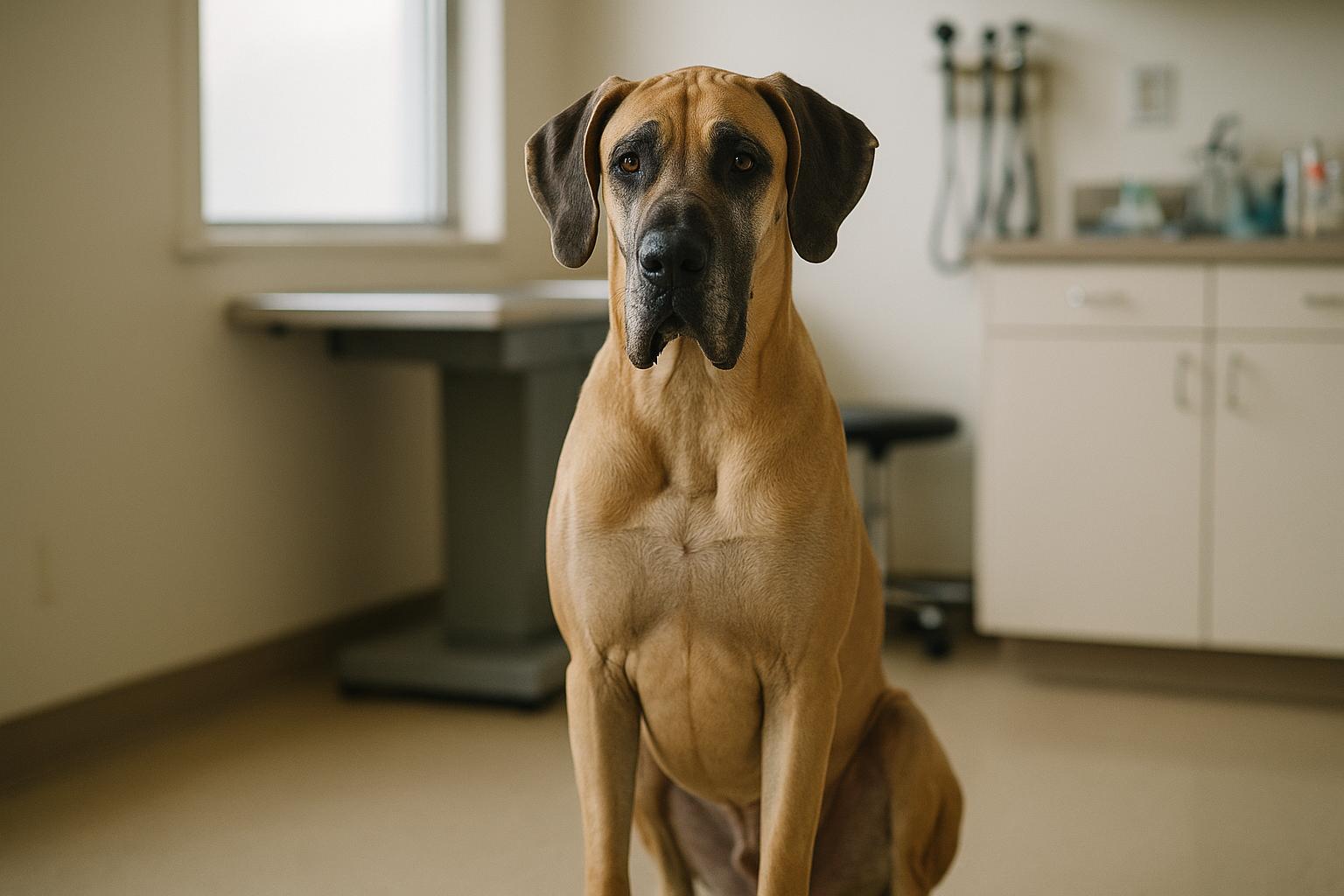 Great Dane sitting in a veterinary clinic examination room under natural window light, documentary-style photograph