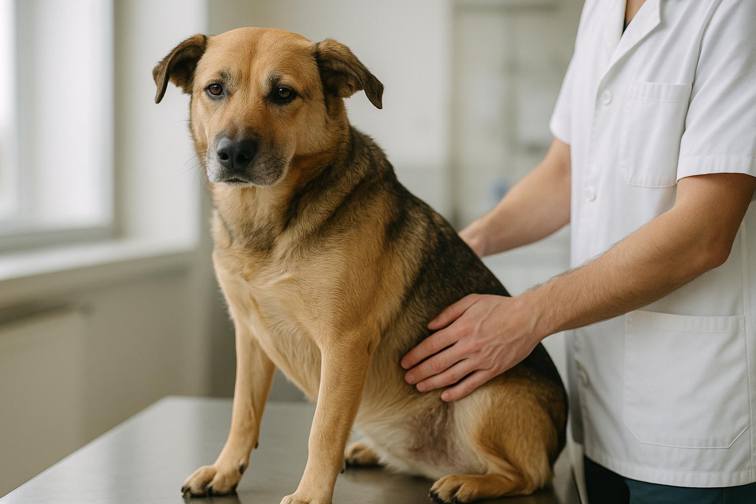 Veterinarian gently inspecting a dog's flank on an exam table in a clinic