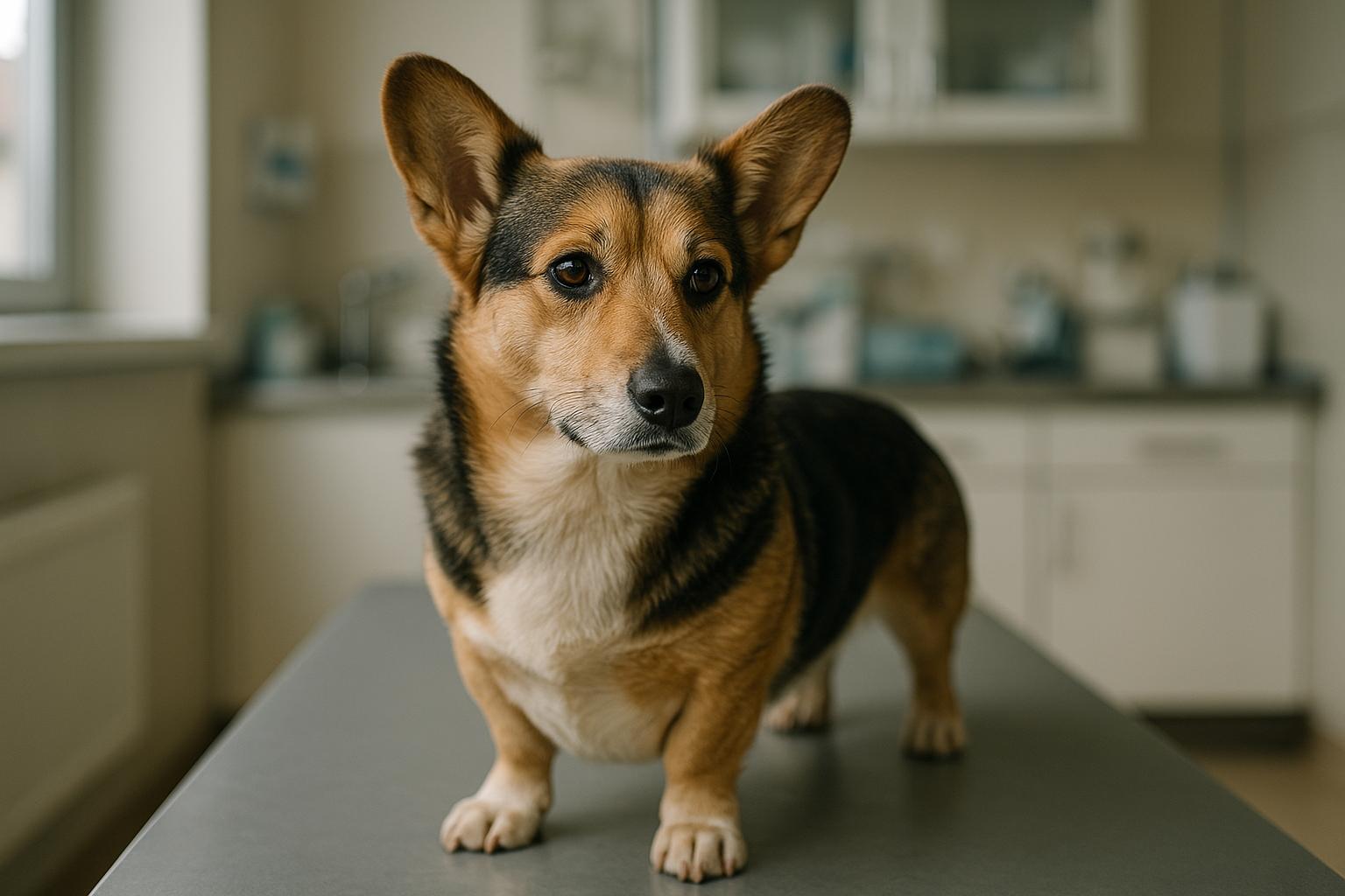 A short‑legged dog (chondrodystrophic) standing in a veterinary clinic, showing proportionally short limbs and a long back.