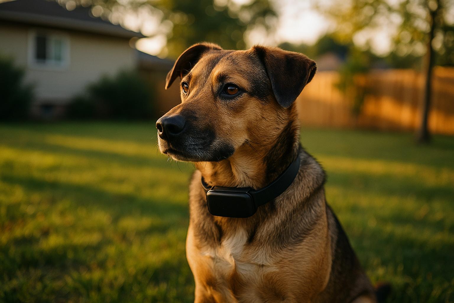 Medium-sized mixed-breed dog wearing a black smart collar in a backyard at golden hour