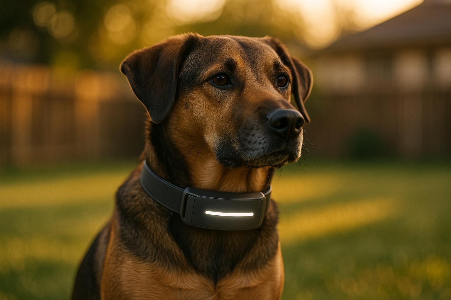 Medium-sized dog wearing Fi Series 3 Plus smart collar with illuminated white line in a suburban backyard at golden hour