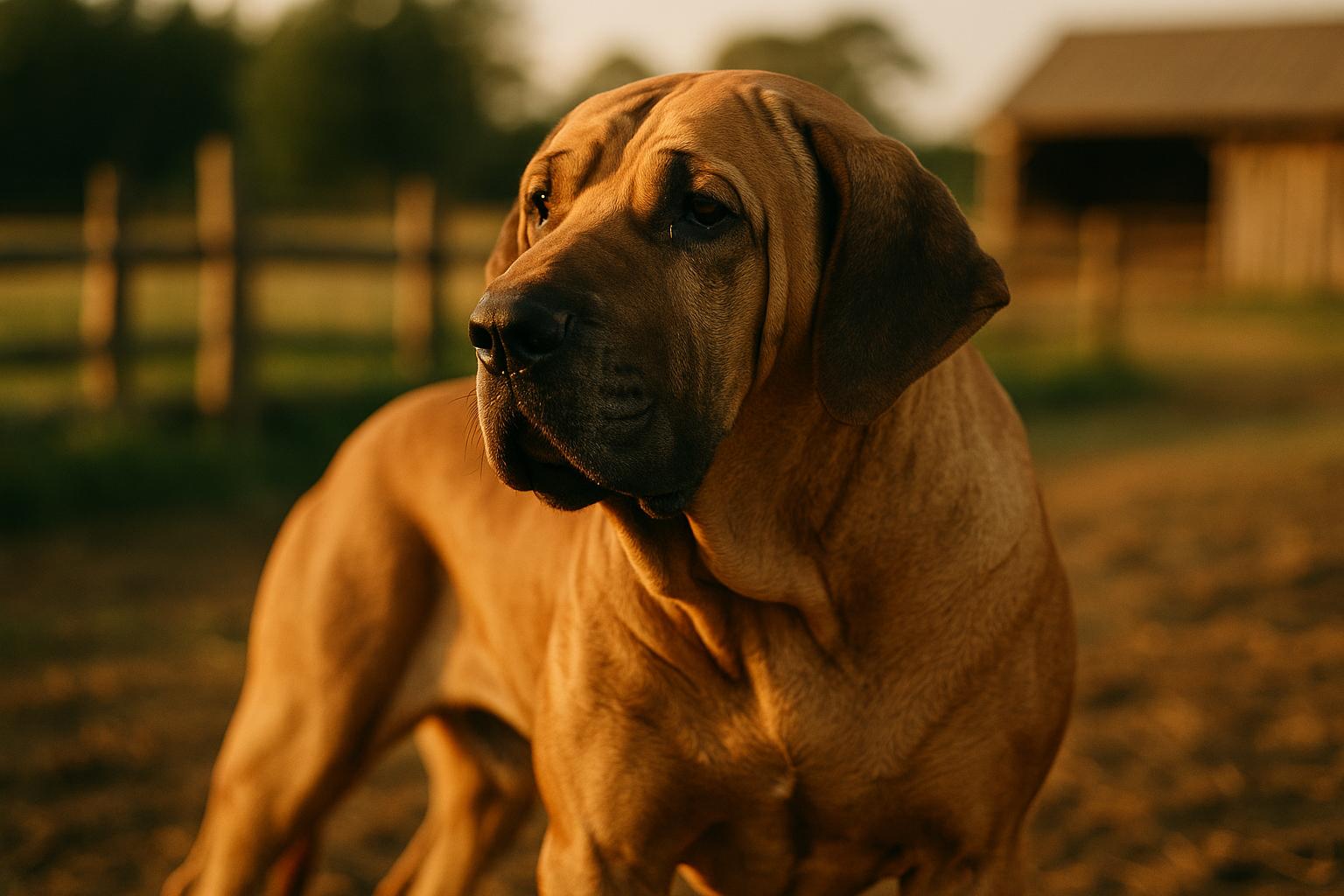 Fila Brasileiro standing in a rural farm yard at golden hour, showing thick loose skin and a rectangular, mastiff-type build