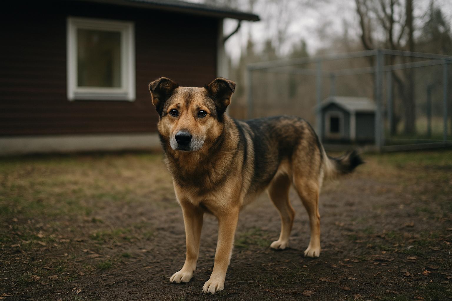 A healthy medium-sized mixed-breed dog standing in a suburban backyard beside a modest home kennel area, natural fur texture, daytime
