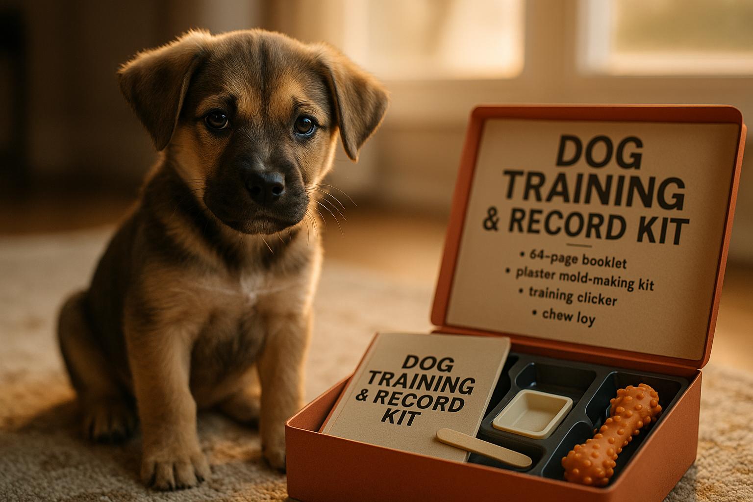 Young mixed-breed puppy beside an open Dog Training & Record Kit containing a booklet, plaster tray, clicker and chew toy