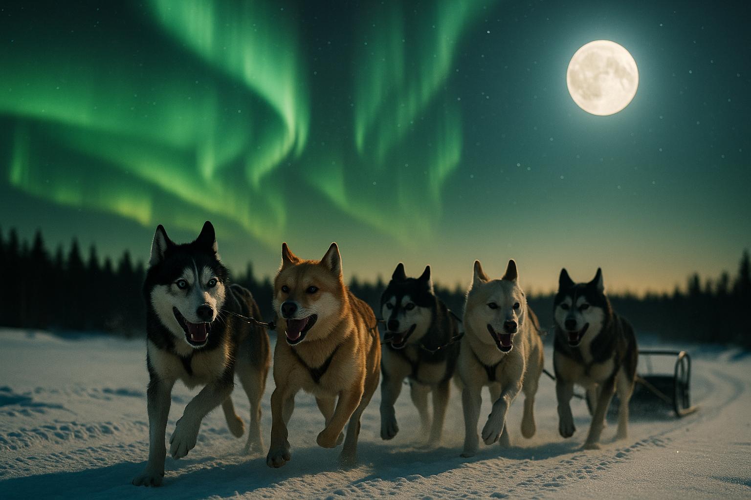 Five sled dogs from Silver Ace Sled Dog Kennel running on a snow-covered trail beneath the green northern lights and a bright moon