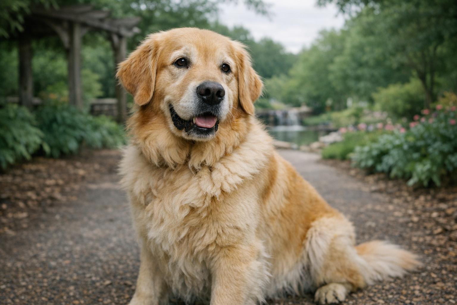 Golden Retriever sitting on a shaded path at the Huntsville Botanical Garden, soft overcast light, close-up portrait