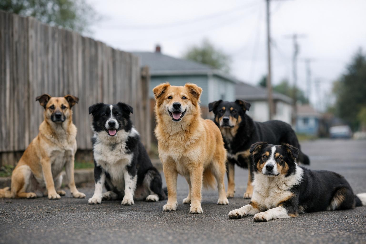 Five medium-sized mixed-breed dogs together on a suburban street near a fenced yard in overcast light