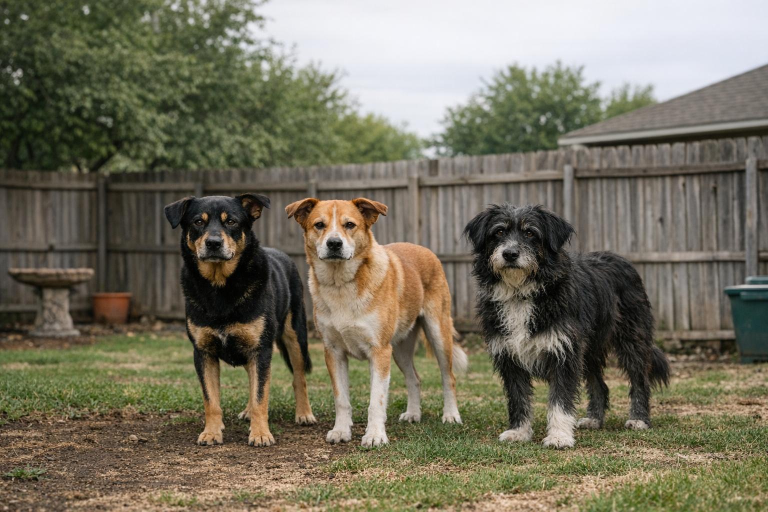 Three mixed-breed dogs standing calmly in a suburban backyard near a wooden fence under overcast sky.