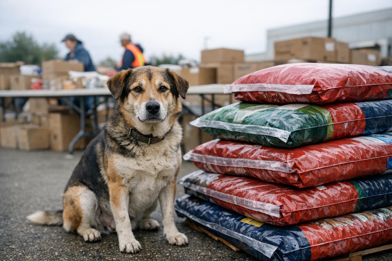 A medium-sized mixed-breed dog sits beside sealed bags of donated pet food at a community distribution center, volunteers and boxes visible in soft-focus background.