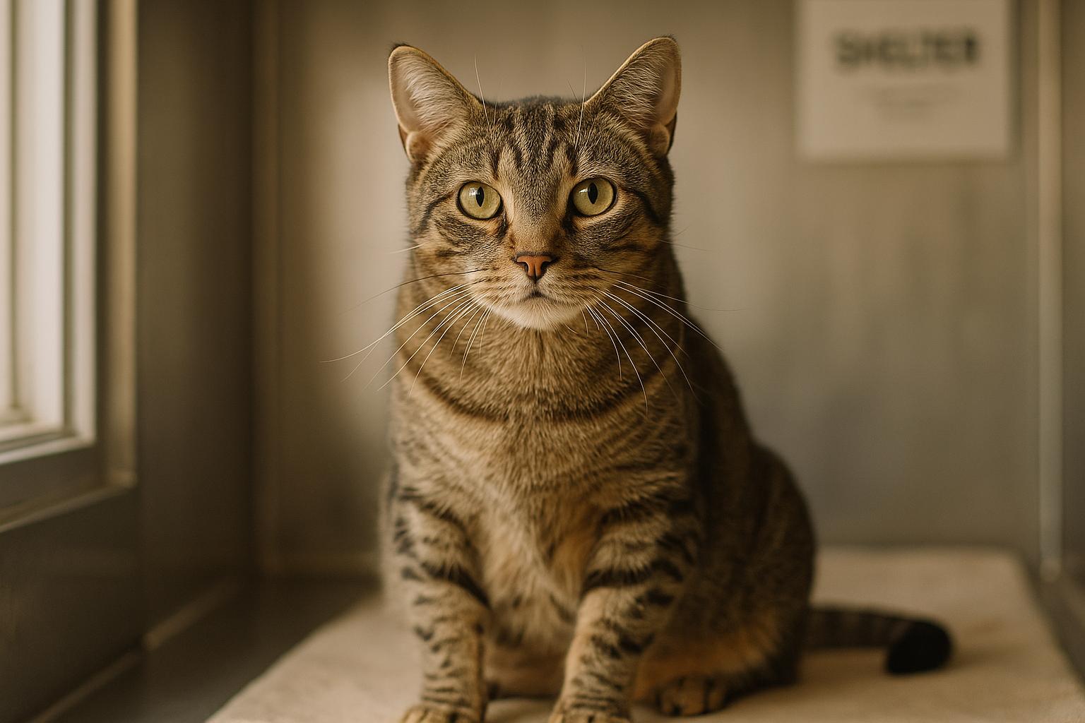 A domestic short-haired tabby cat sits in a shelter kennel bathed in soft window light, alert and healthy-looking.