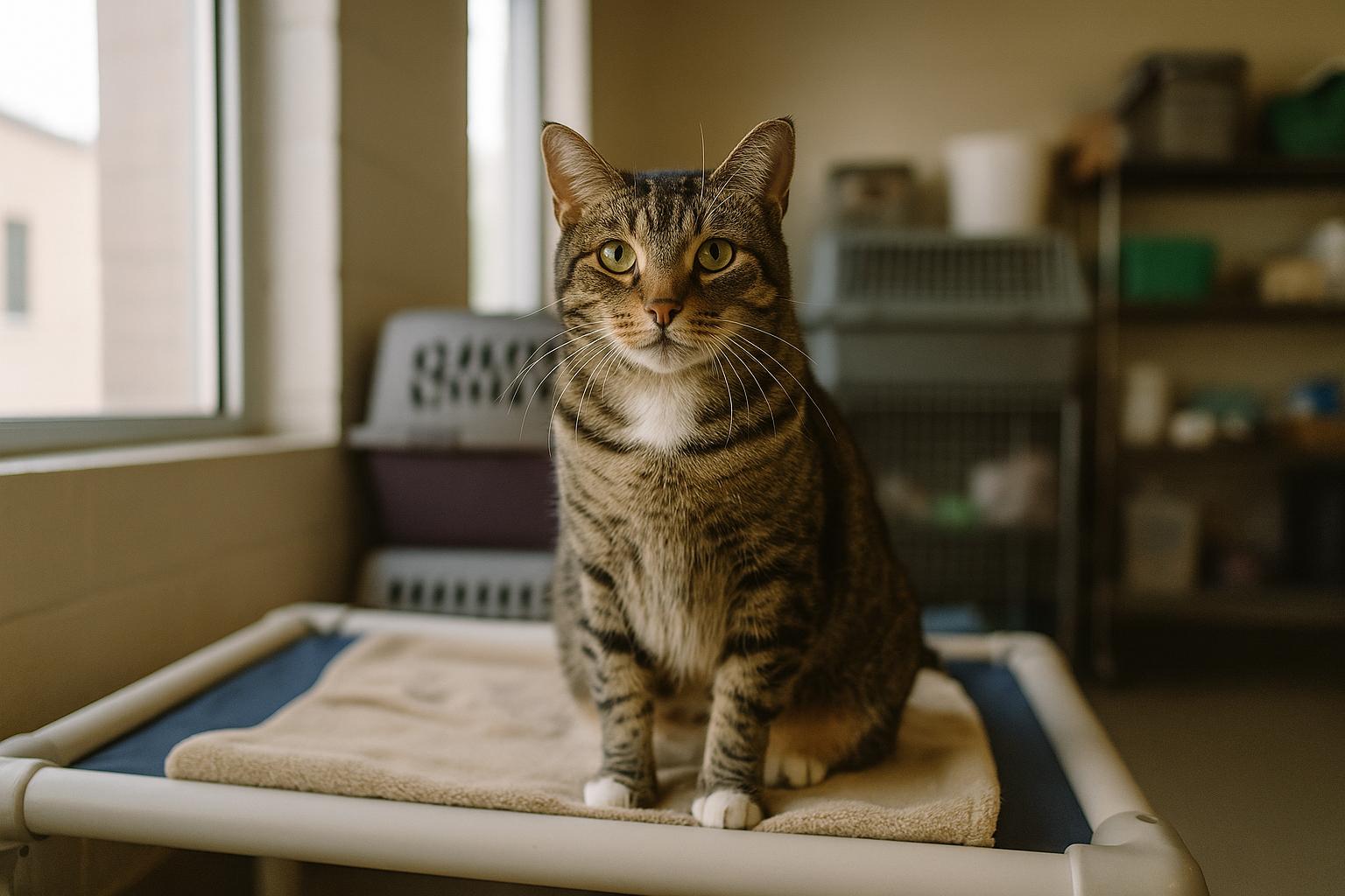 A domestic short-haired tabby cat sitting on a kennel bed inside a shelter room, soft natural light, realistic fur texture.
