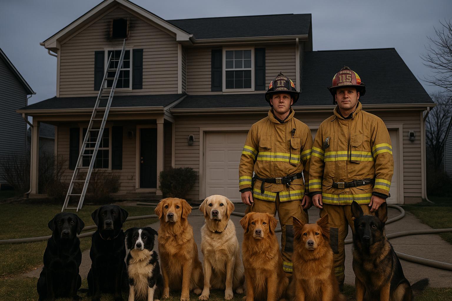 Six dogs in a suburban front yard with firefighters and hoses after an attic fire at a two-story home