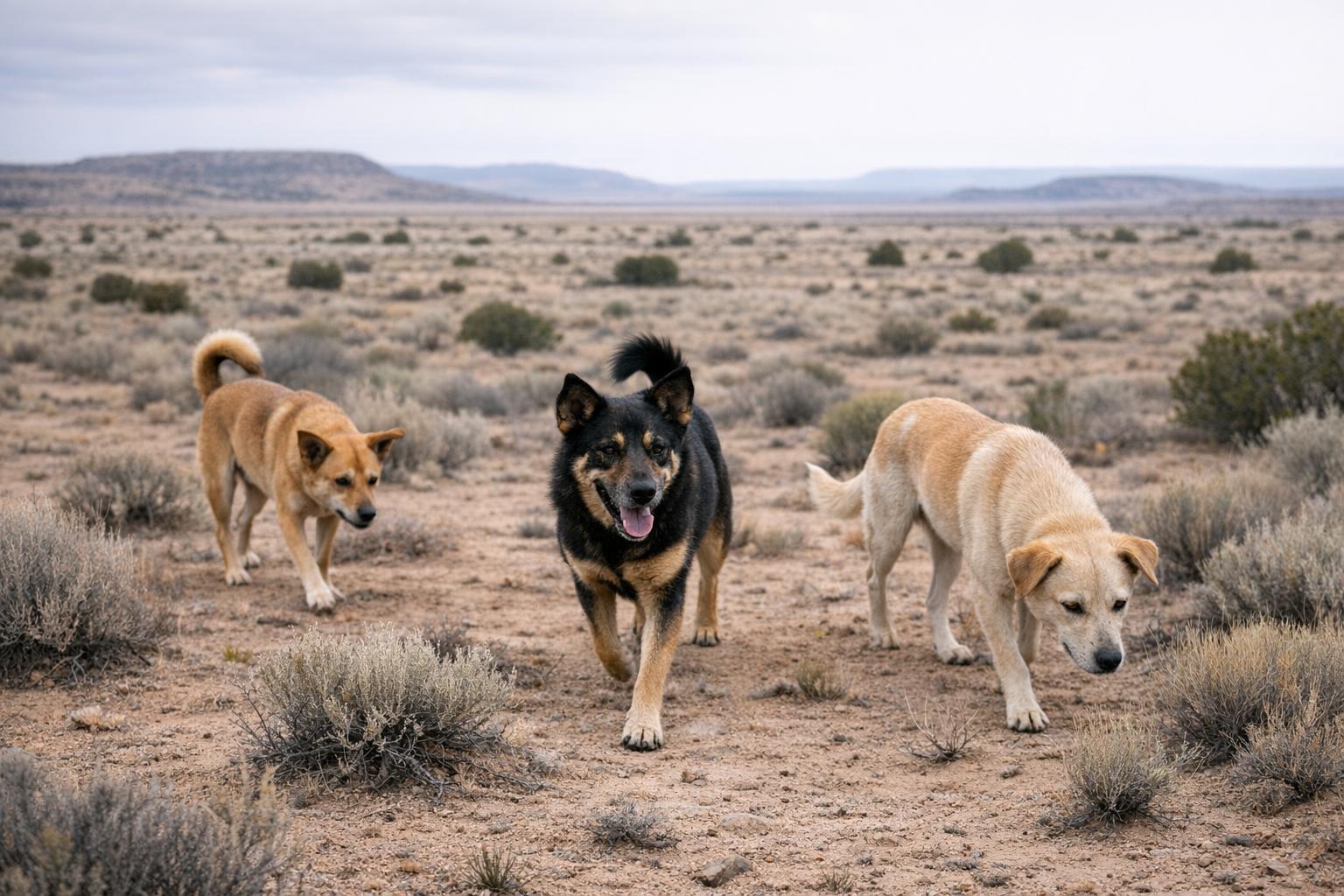 Three healthy-looking mixed-breed dogs roaming scrubby desert landscape on a reservation under overcast sky, photojournalistic style.