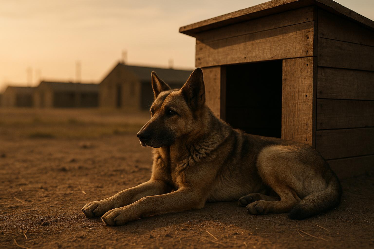 A wartime-era working dog outside a wooden kennel at a training center, with barracks in the background